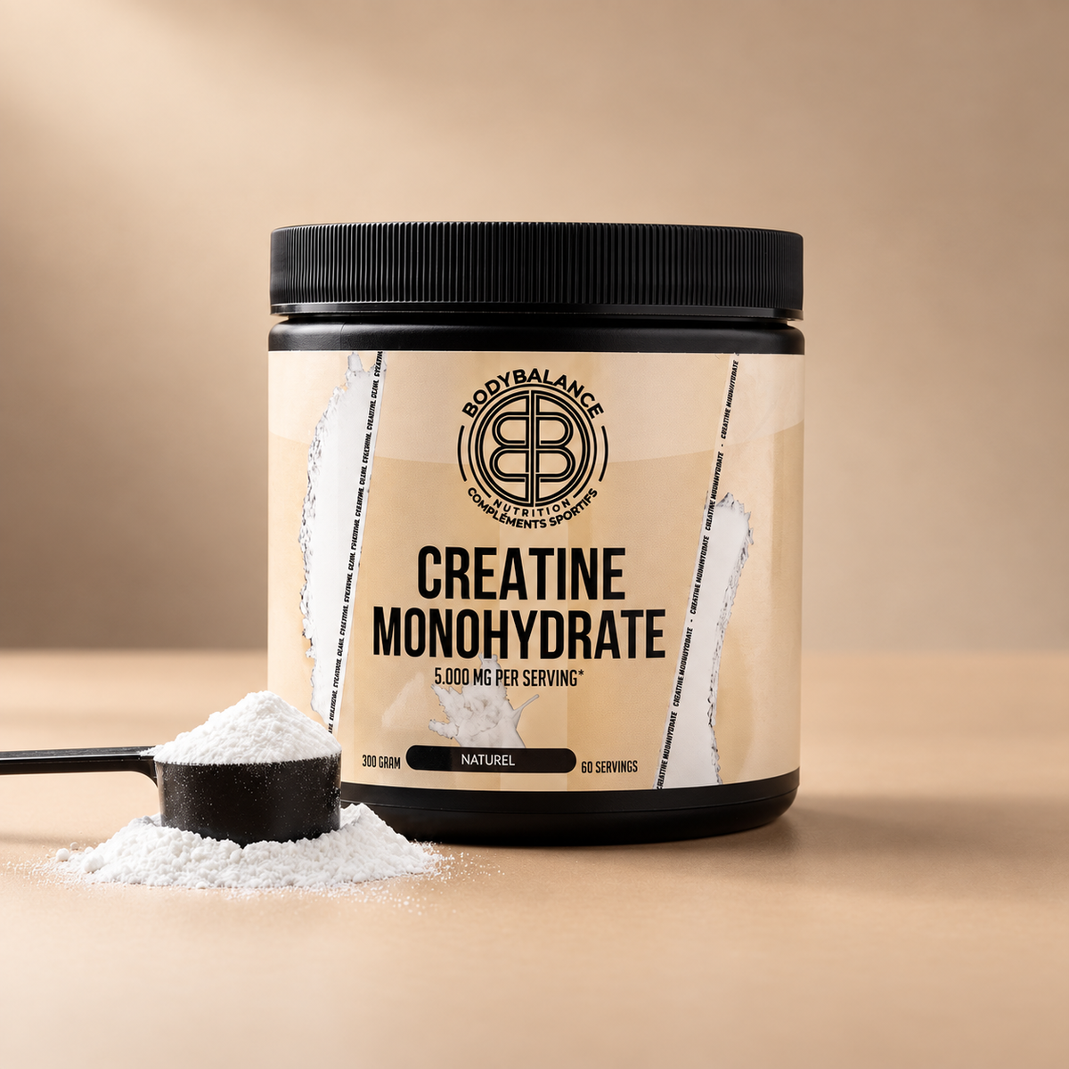 BodyBalance Creatine Monohydrate met originele pot op warme beige achtergrond